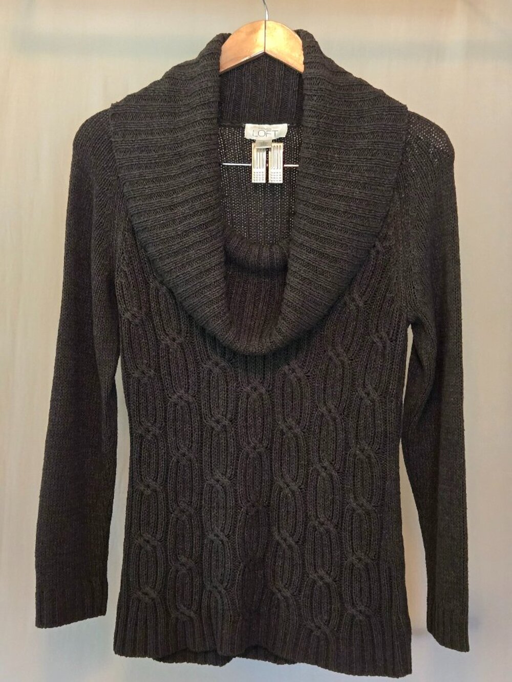 LOFT Cowl Collar Cable Knit Sweater Medium Olive Gray
